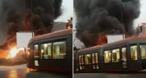 حادثة سير خطيرة لحافلة تتسبب  في اندلاع حريق مهول أدى لتفحمها قرب الترام