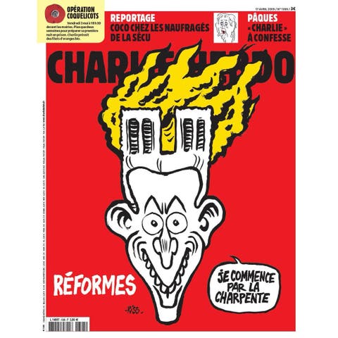 “شارلي إيبدو” تضع حريق الكاتدرائية على رأس ماكرون!