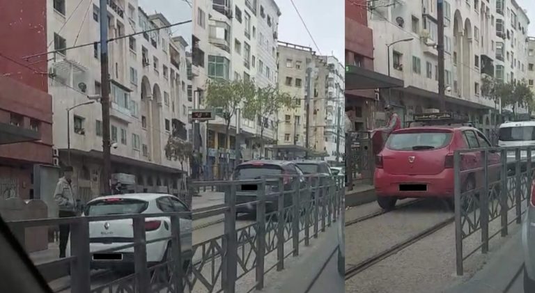أمن البيضاء يُعاقب أصحاب سيارات تسير فوق سكة "ترامواي"