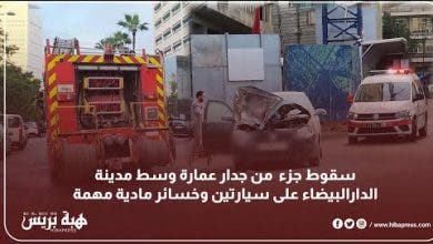 Photo of سقوط جزء من جدار عمارة وسط مدينة الدارالبيضاء على سيارتين وخسائر مادية مهمة