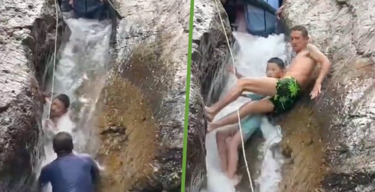 إنقاذ مدهش لطفل عالق بين صخرتين بنهر سريع في قويتشو (فيديو)