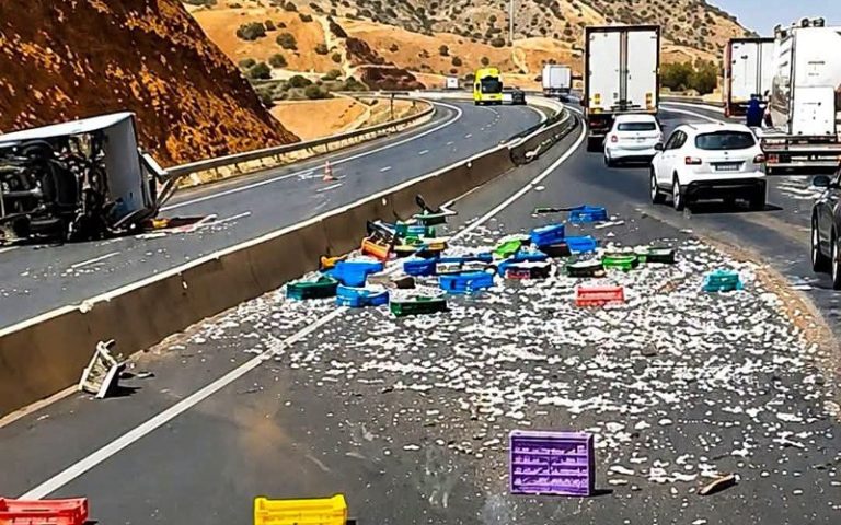 حادث سير بأمسكرود.. انقلاب شاحنة "فريگو" محملة بالسردين