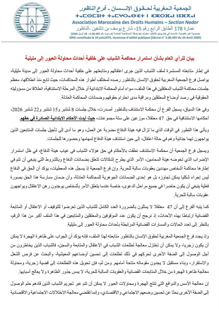 تحذير حقوقي: أحكام قاسية في غياب الدفاع تكرس أزمة العدالة بالناظور